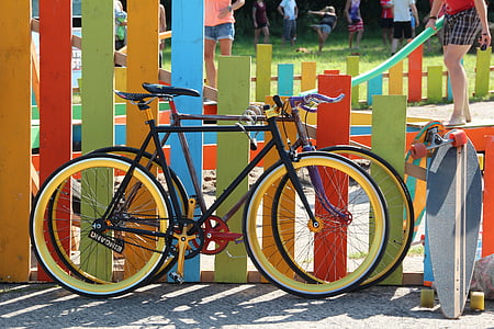 bicycles, colorful, color, fence, bicycle, street, urban Scene