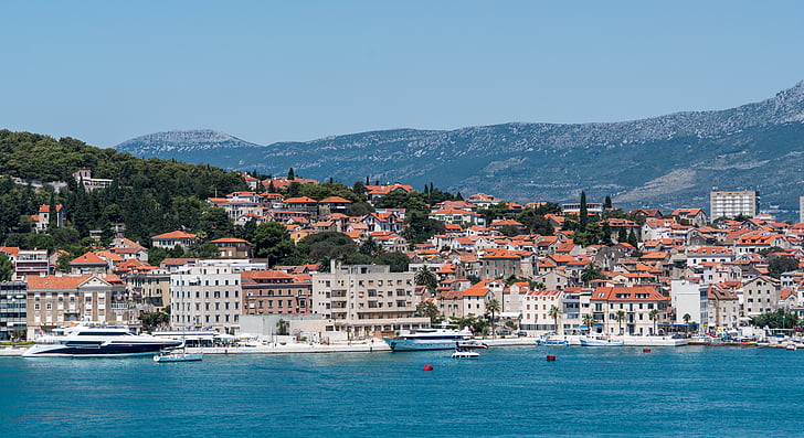 split, croatia, shore, boats, landscape, mountains, architecture