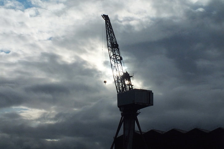 Crane, mengangkat crane, konstruksi, langit, awan, siluet