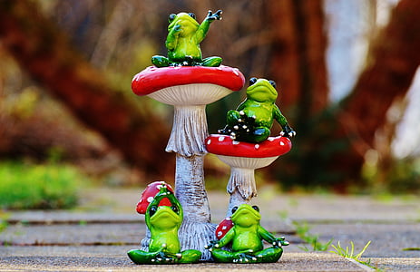 frogs, mushrooms, fly agaric, figure, funny, frog, cute