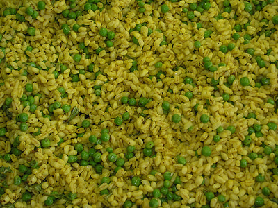 peas, rice, cooked, food, dining, yellow, saffron