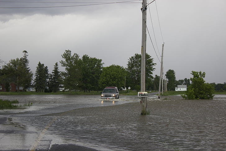 νερό, πλημμύρα, πλημμύρισαν, περιβάλλον, υποβρύχια, φορτηγό, πλημμυρισμένο δρόμο