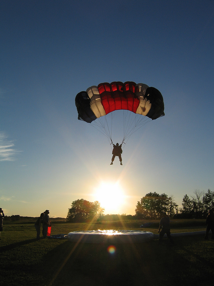 skydiving, parachute, parachutist, sport, sunset, landing