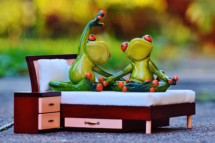 frosk, Yoga, seng, figur, morsom, søt, kjærlighet
