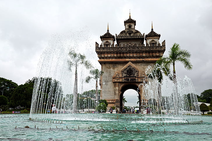 Laos, Vientiane, monumentet, fontän, Patuxai, berömda place, arkitektur