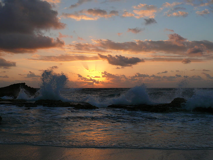 Napkelte, tenger, nap, naplemente, óceán, hullámok, Surf