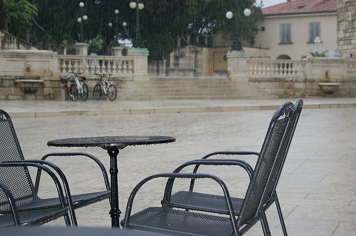 Meja, kursi, hujan, diam, kesepian, Cuaca, Street