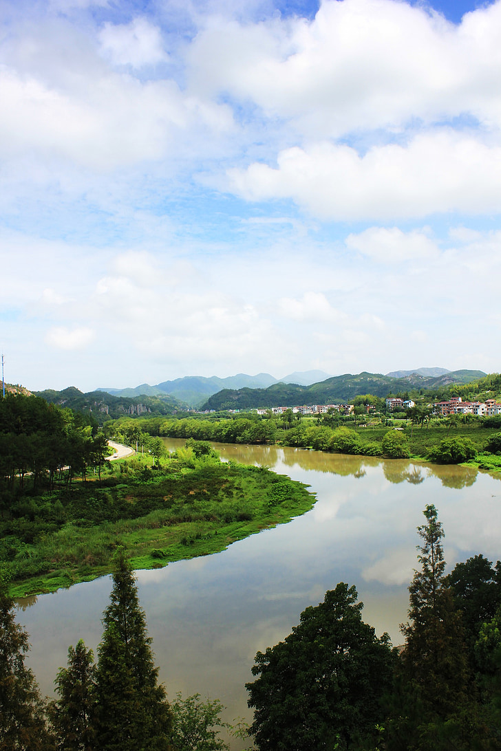 mountain, water, the scenery, cloud, river, sky