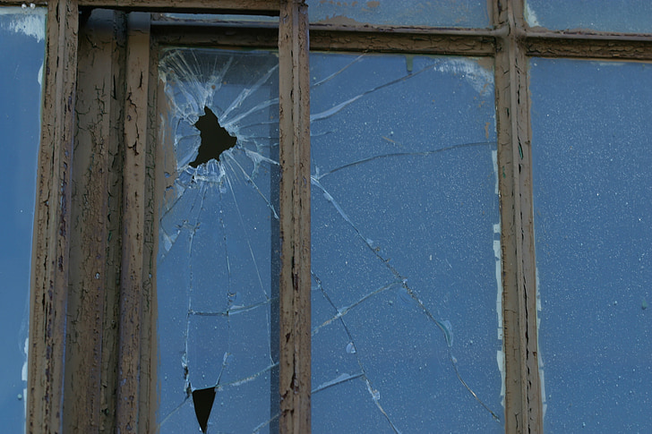 zlomený, okno, shot, budova, zvětralý, staré