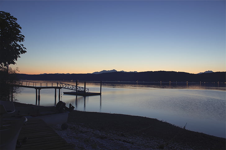 silhouette, dusk, photo, boat, dock, river, blue
