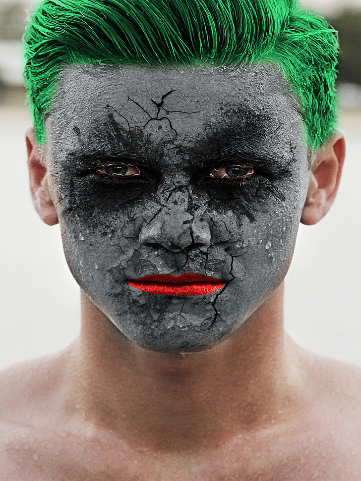 Joker, portret, zelena, kosa, duh, maska, klaun