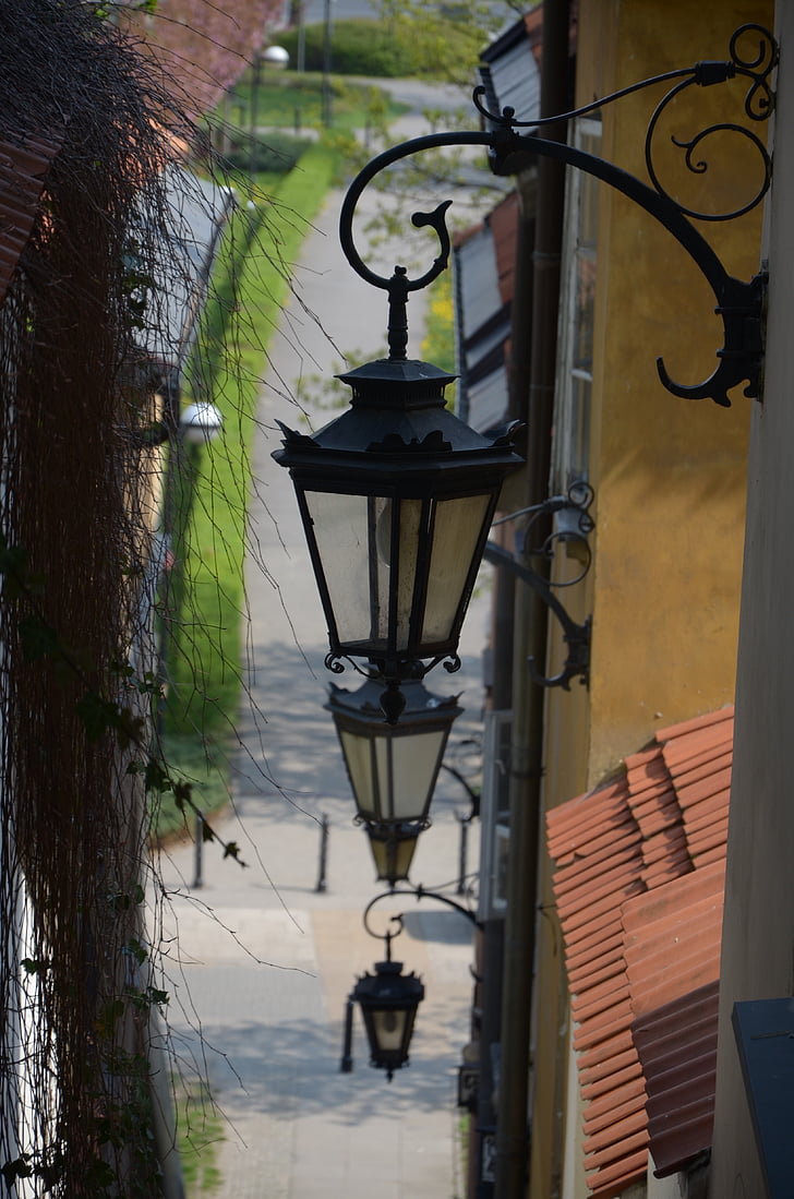 lanterner, gamlebyen, Warszawa, gamlebyen, gammelt hus, Street, bymiljø