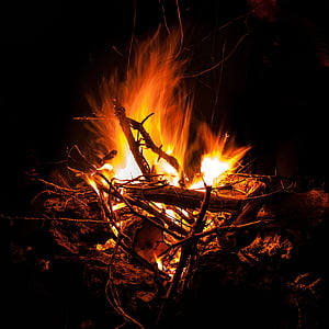 gaisro, liepsna, naktį, degias, dega, medienos, laužo