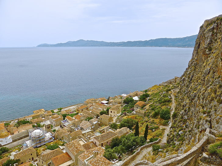 Monemvasia, vasi, Grčija, strehe, obalnih, scensko, zgodovinski