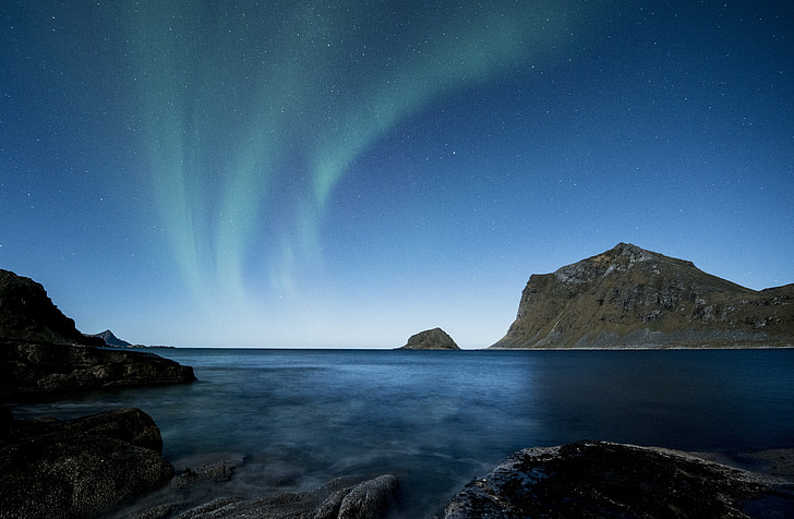 aurora borealis, lofoten, norway, night, beach, costa, winter