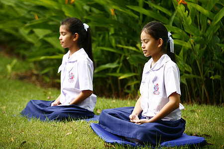 jeunes filles, bouddhisme, méditation, siège de tailleur, bouddhiste, méditer, Wat