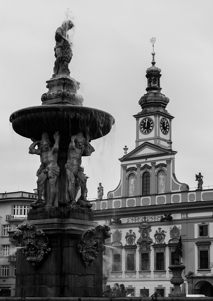 black and white, fountain, town hall, czech budejovice