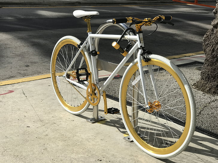 asphalt, bicycle, bike, customized, gold, outdoors, parked