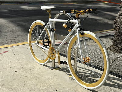 asfalt, bicikala, bicikl, prilagoditi svojim potrebama, zlato, na otvorenom, parkiran
