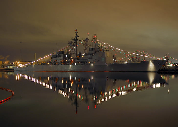 luces de Navidad, decoración, Marina de guerra, de la nave, muelle, Puerto, brillante