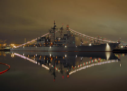 luces de Navidad, decoración, Marina de guerra, de la nave, muelle, Puerto, brillante