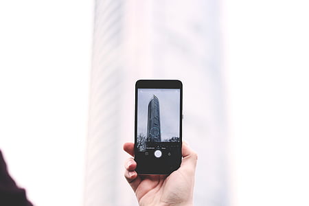 clădire, mână, înalte, macro, telefon mobil, smartphone, Luând Foto