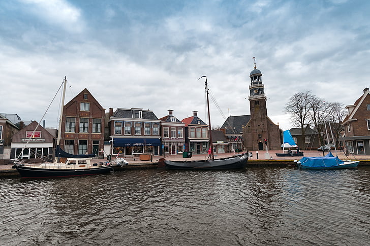 Lemmer, port, Pays-Bas, Holland, canal, bleu, Sky