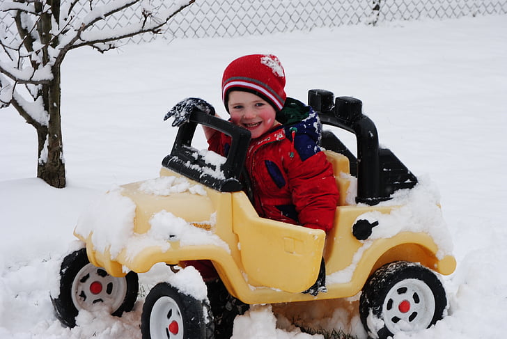雪, 車, 子, 笑顔, 立ち往生, 冬, 道路