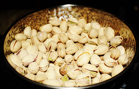 pistachios, salty, shell, delicious, snack, brass bowl