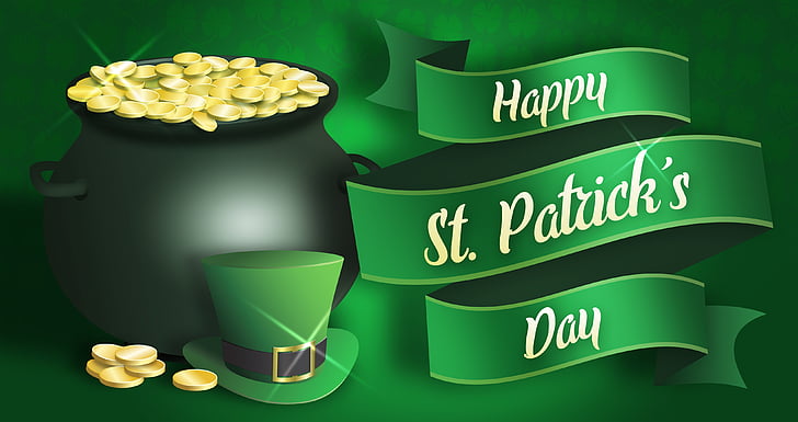 St patrick's day, Saint patricks dag, ketel, pot met goud, hoge hoed, Leprechaun, Iers