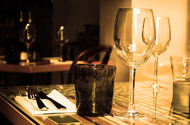 table, restaurant, furniture, glass, wine, drink, cutlery