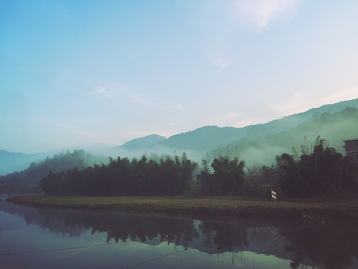 matin, rivière, brouillard