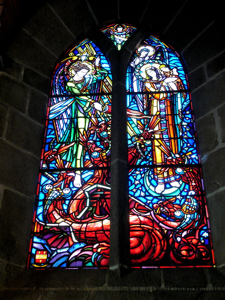 church, stained glass window, stained glass, mont saint michel, france