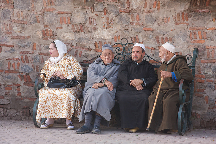 banken, Marrakech, mensen, oude