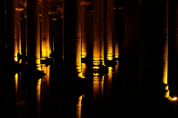 columns, lighting, contrast, night, reflection, no people, indoors