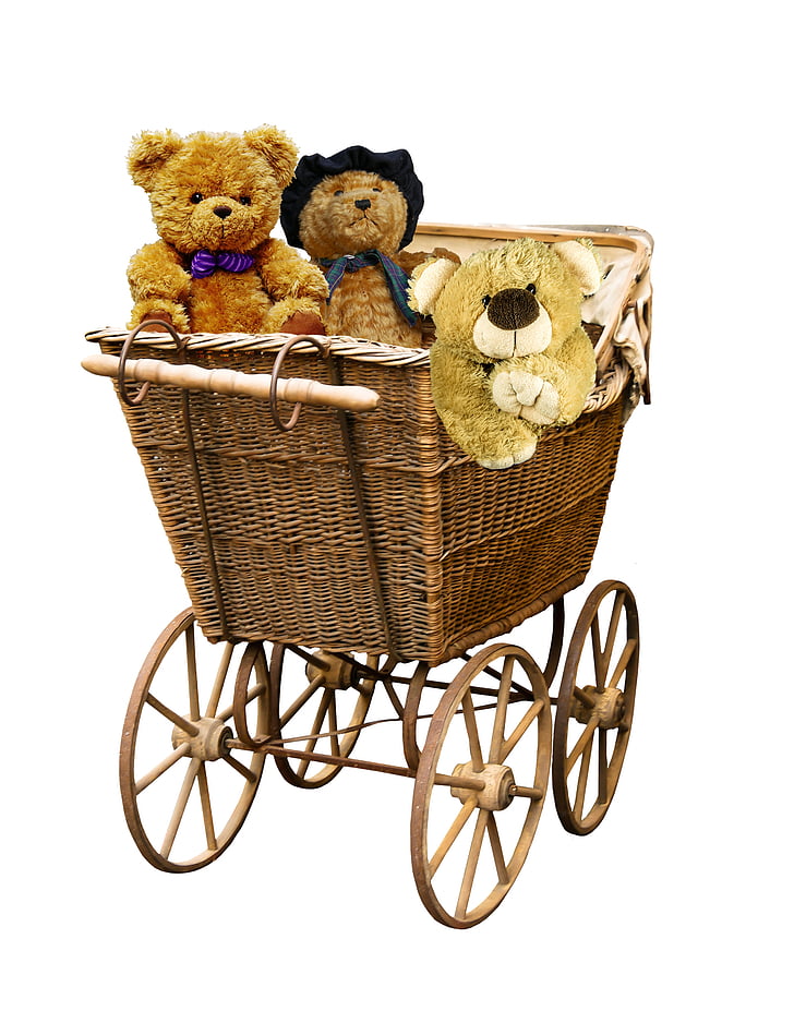 Kereta bayi, lama, Nostalgia, Teddy, boneka beruang, mainan lunak, boneka binatang
