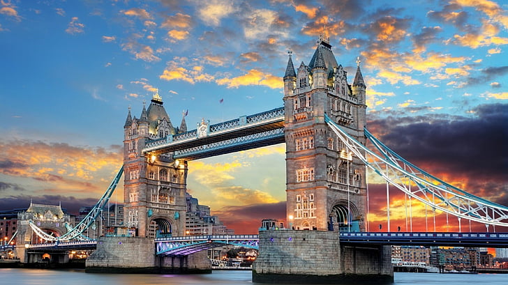 Tower bridge, Thames, floden, historiske, vartegn, Sunset, skyer