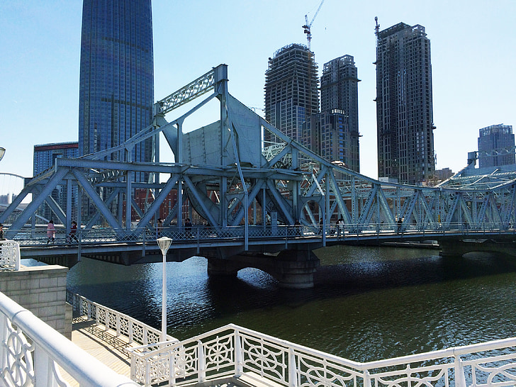bridge, river, guardrail, the iron bridge, road bridge, tall buildings, downtown