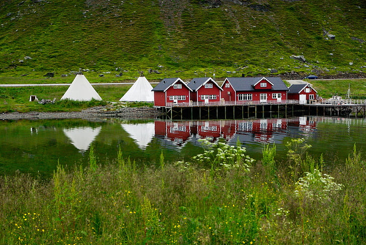 Норвегия, Северен Кейп, фиорд, палатки, Лапландия, природата, езеро