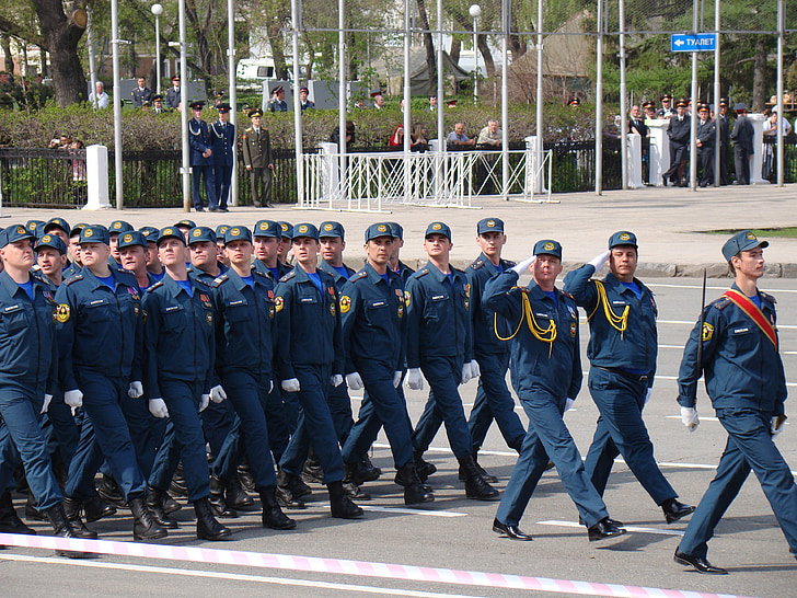 Parade, Segerdagen, Samara, Ryssland, område, Emercom av Ryssland, trupper