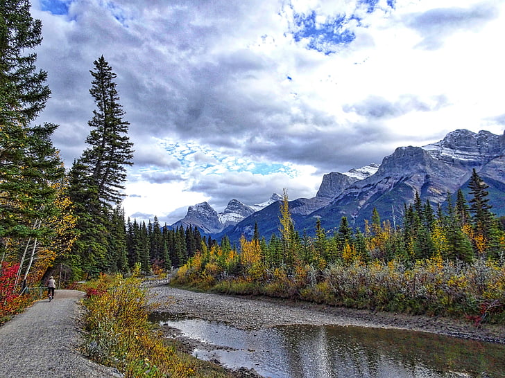 podzim, hory, Les, řeka, Cykloturistika, skalnaté hory, Kanada