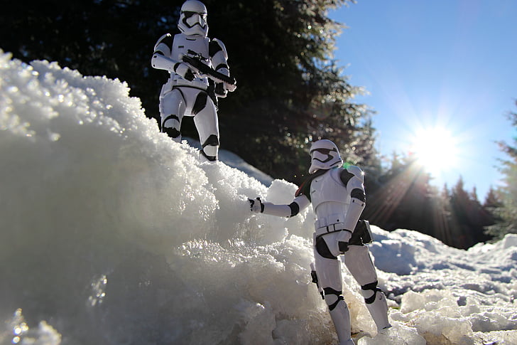 star wars, fi gures, snow, trees, winter, nature, mountains