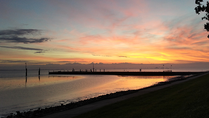Emden, pakrantė, Olandijoje, Saulėlydis, Horizontas, pakrantės peizažas, Šiaurės jūra