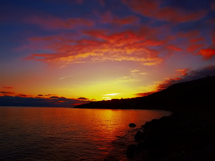 arancio, tramonto, riflettendo, luce, oceano, acqua, Nuvola
