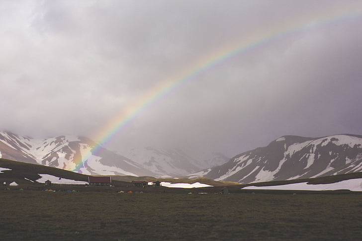 rainbow, snow, covered, mountains, landscape, mountain, island