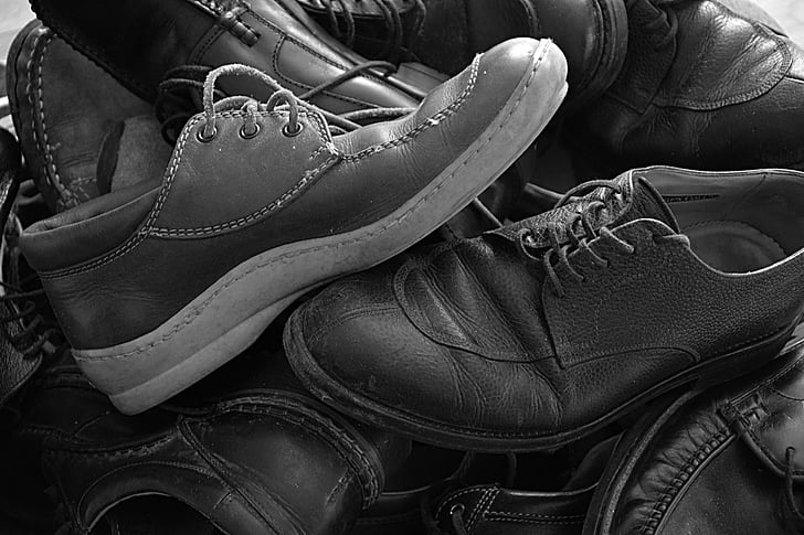 sko, Skoreparation, fødder, ikke, sort og hvid, læder, sko