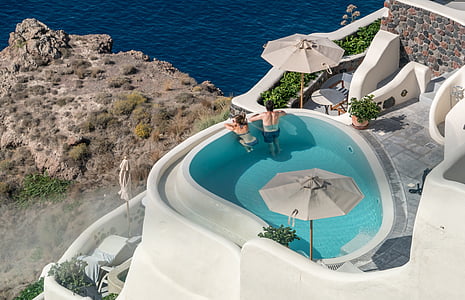 Santorini, Oia, Grecja, ludzie, osoba, basen, aktywny wypoczynek