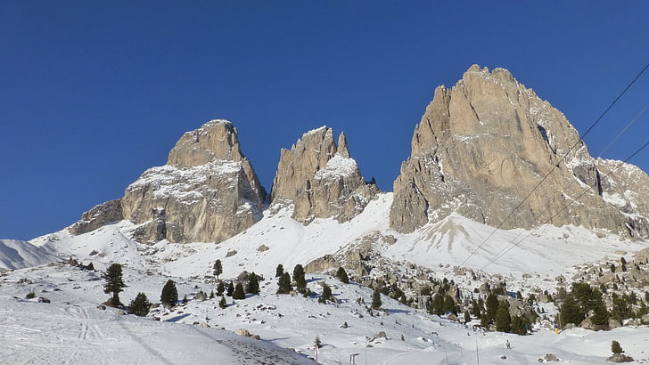 Dolomity, Sassolungo, Itálie, hory, sníh, Panorama, lyžování