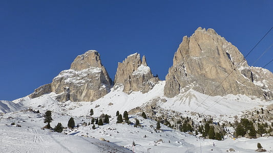 Dolomiterna, Sassolungo, Italien, bergen, snö, Panorama, Skidåkning