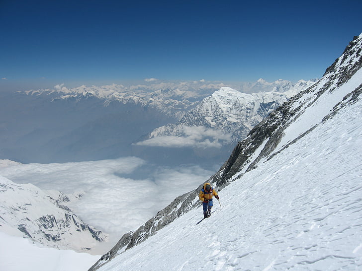 hombre, amarillo, Sudadera con capucha, senderismo, helado, montaña, cumbres